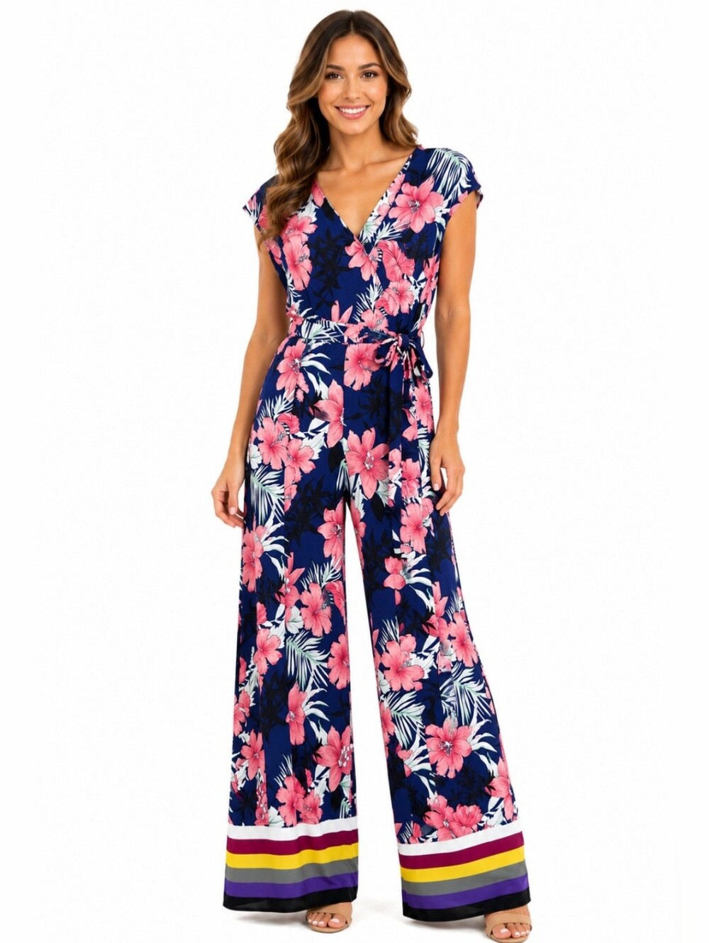Milk & Honey Tropical Floral Wide Leg Jumpsuit Blue Pink Belted Size Small
